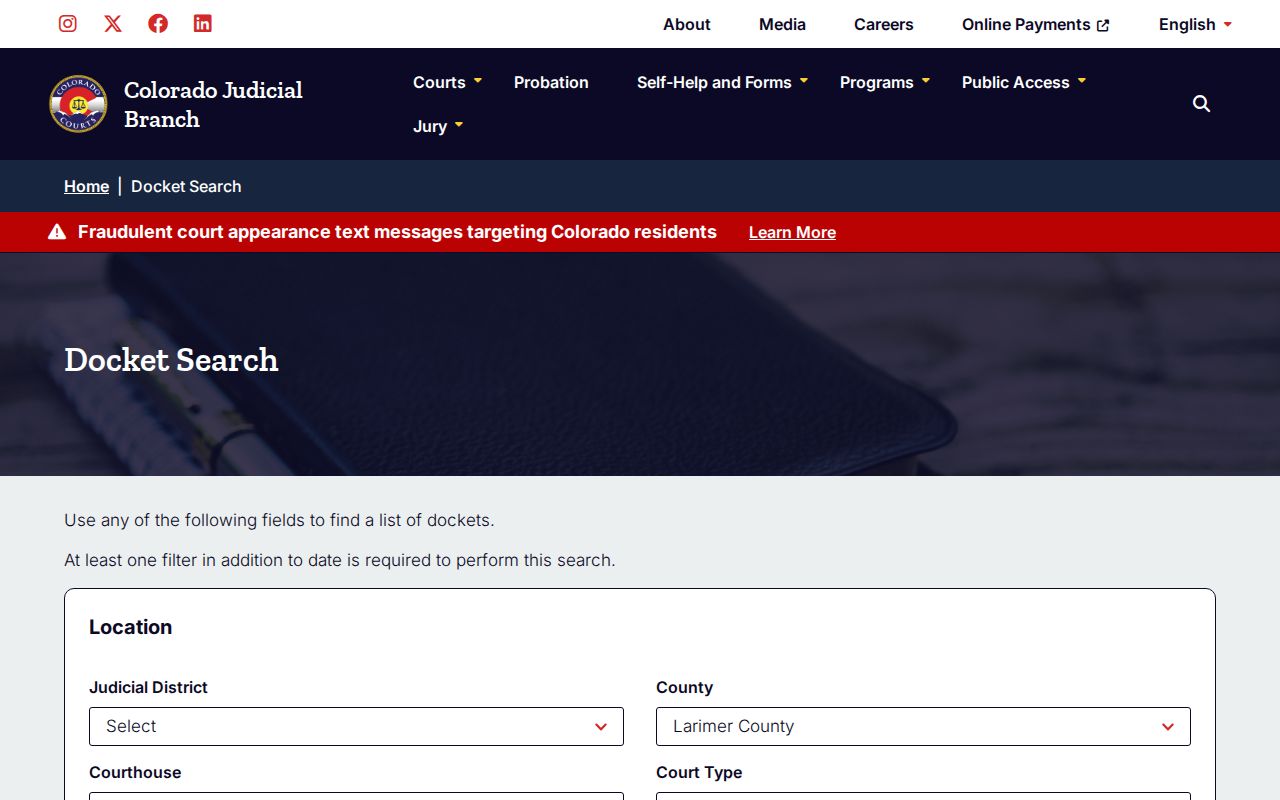 Larimer County residents directory court docket search