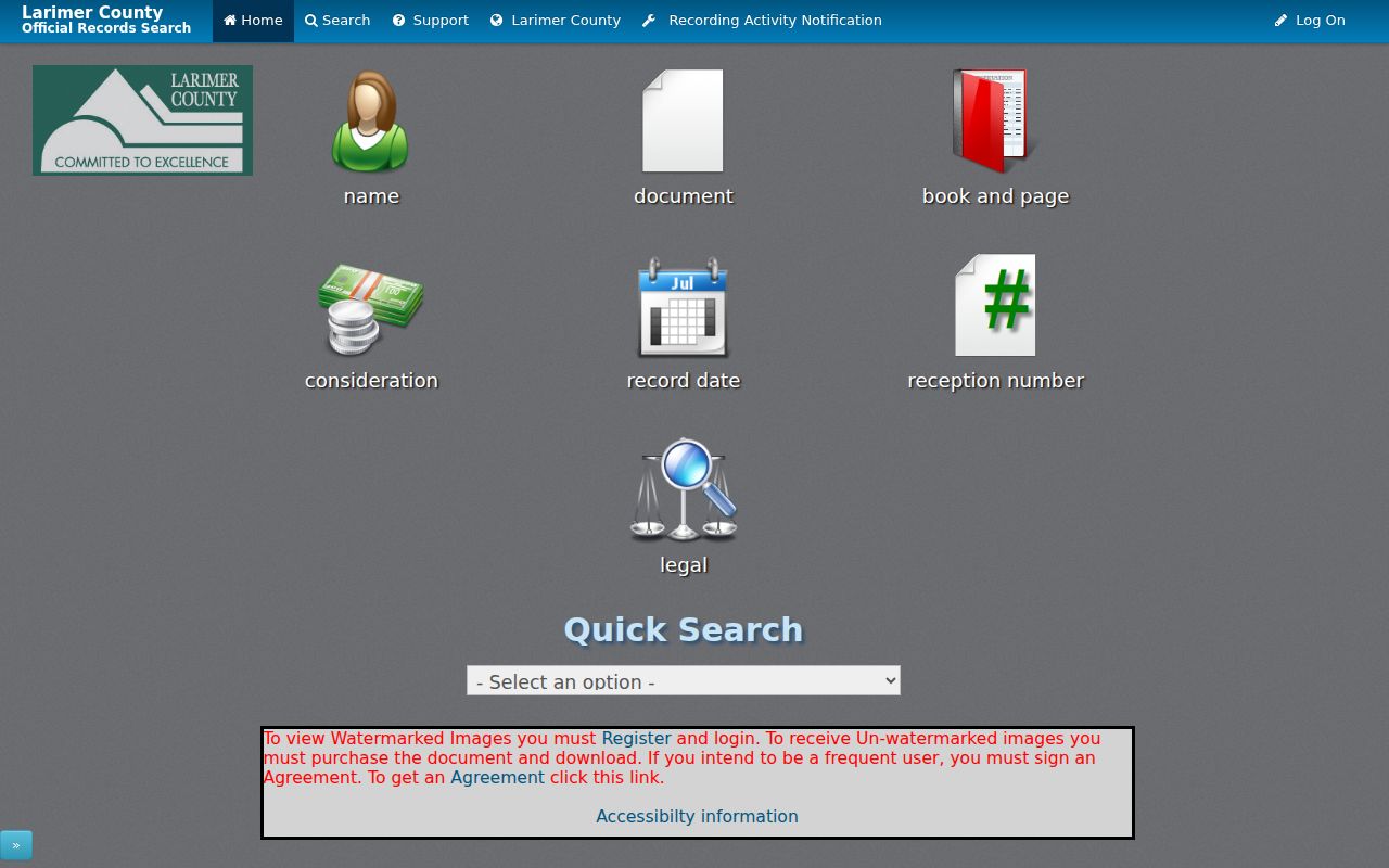 Larimer County residents directory Landmark Web recording index