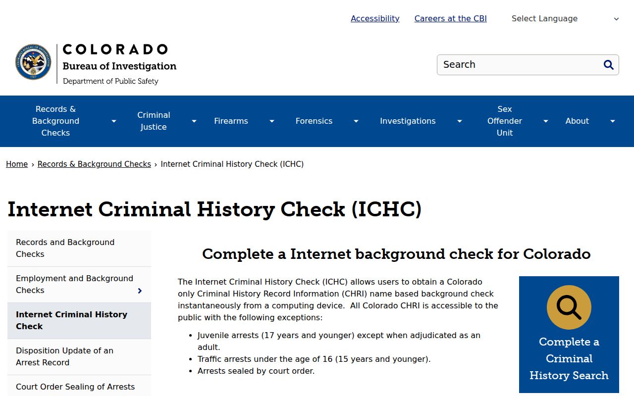 Larimer County resident lookup: Colorado CBI Internet Criminal History Check scope