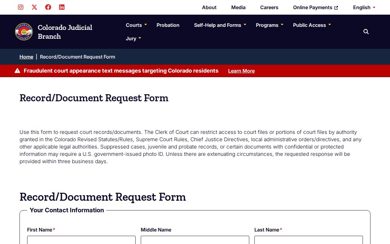 Larimer County resident lookup: Colorado Judicial Branch court record request form